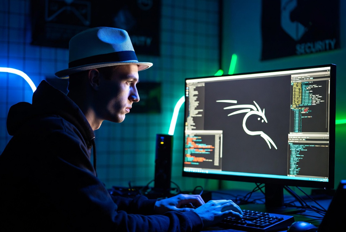 L'immagine mostra un hacker whitehat usando kali linux.