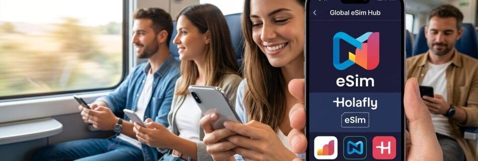 L'immagine mostra dei viaggiatori per le vacanze che mostrano come attivare la compagnia esim preferita.