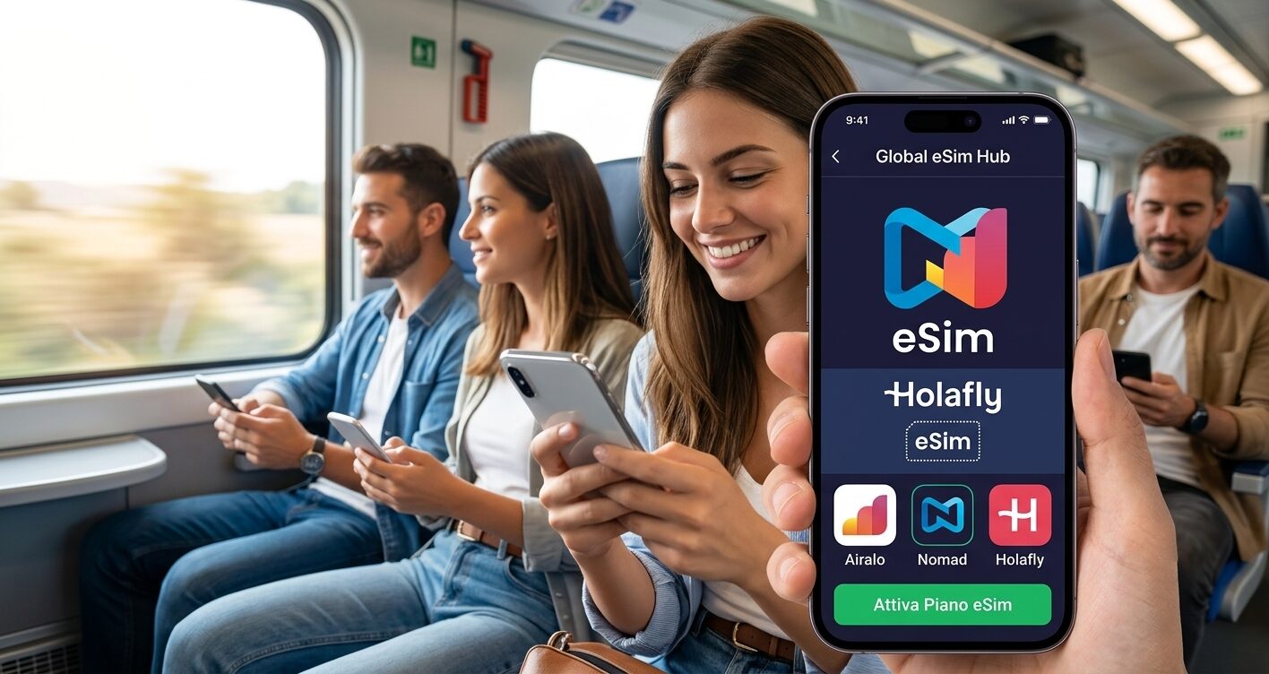 L'immagine mostra dei viaggiatori per le vacanze che mostrano come attivare la compagnia esim preferita.