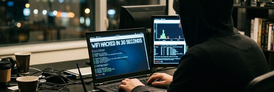 L'immagine mostra un cracker che hackera una rete wifi con protezioni semplici.