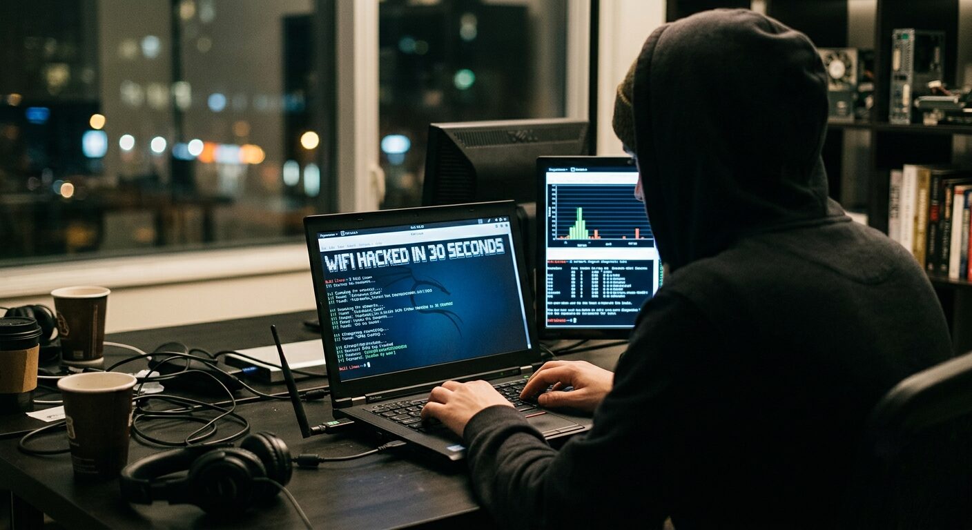 L'immagine mostra un cracker che hackera una rete wifi con protezioni semplici.