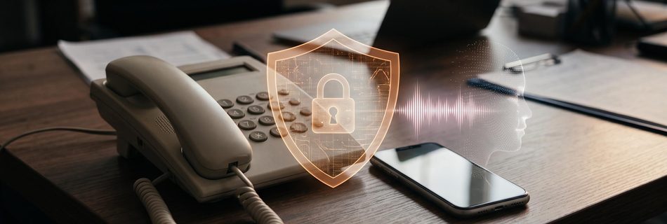 L'immagine mostra un immagine con un telefono fisso in protezione da truffe online.