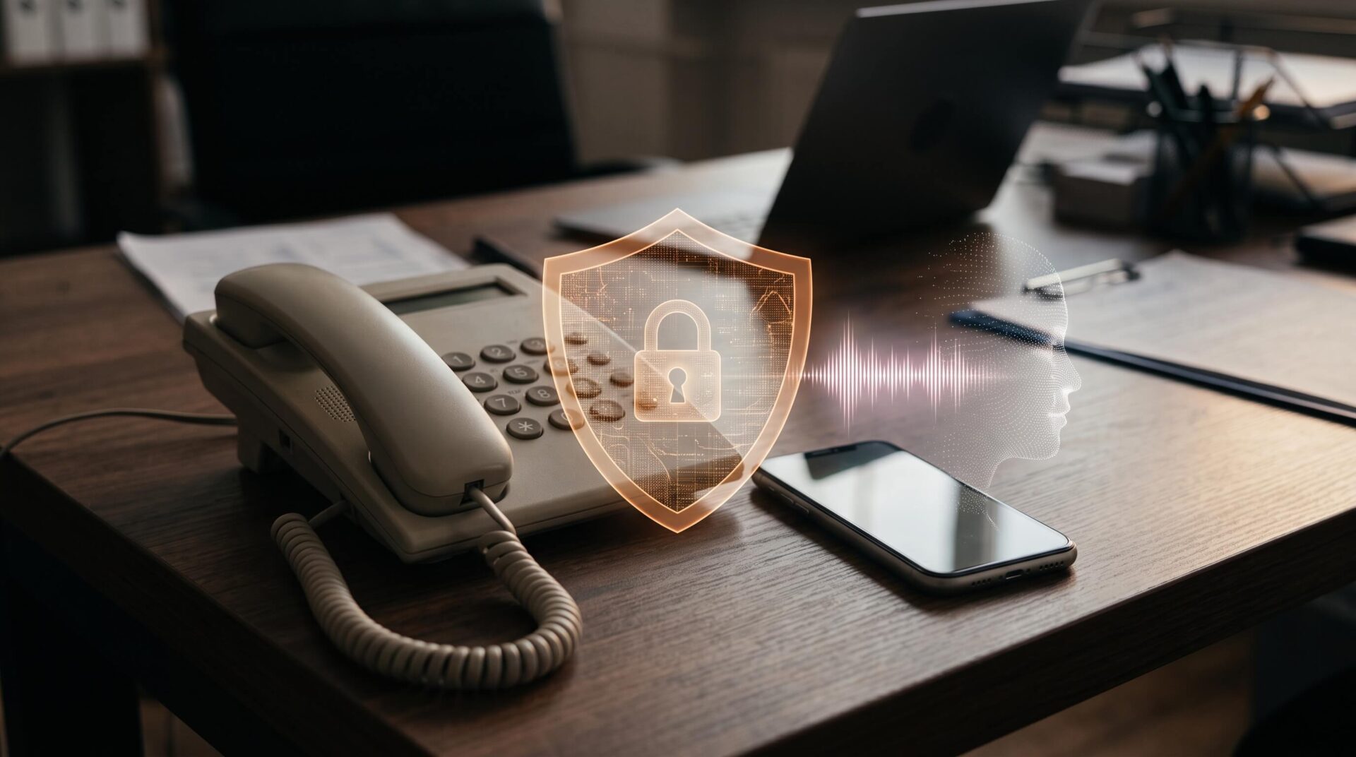 L'immagine mostra un immagine con un telefono fisso in protezione da truffe online.