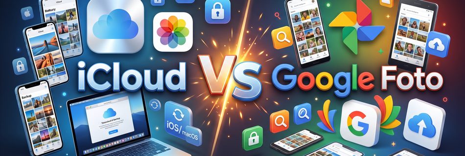 L'immagine mostra in sfida icloud e google foto