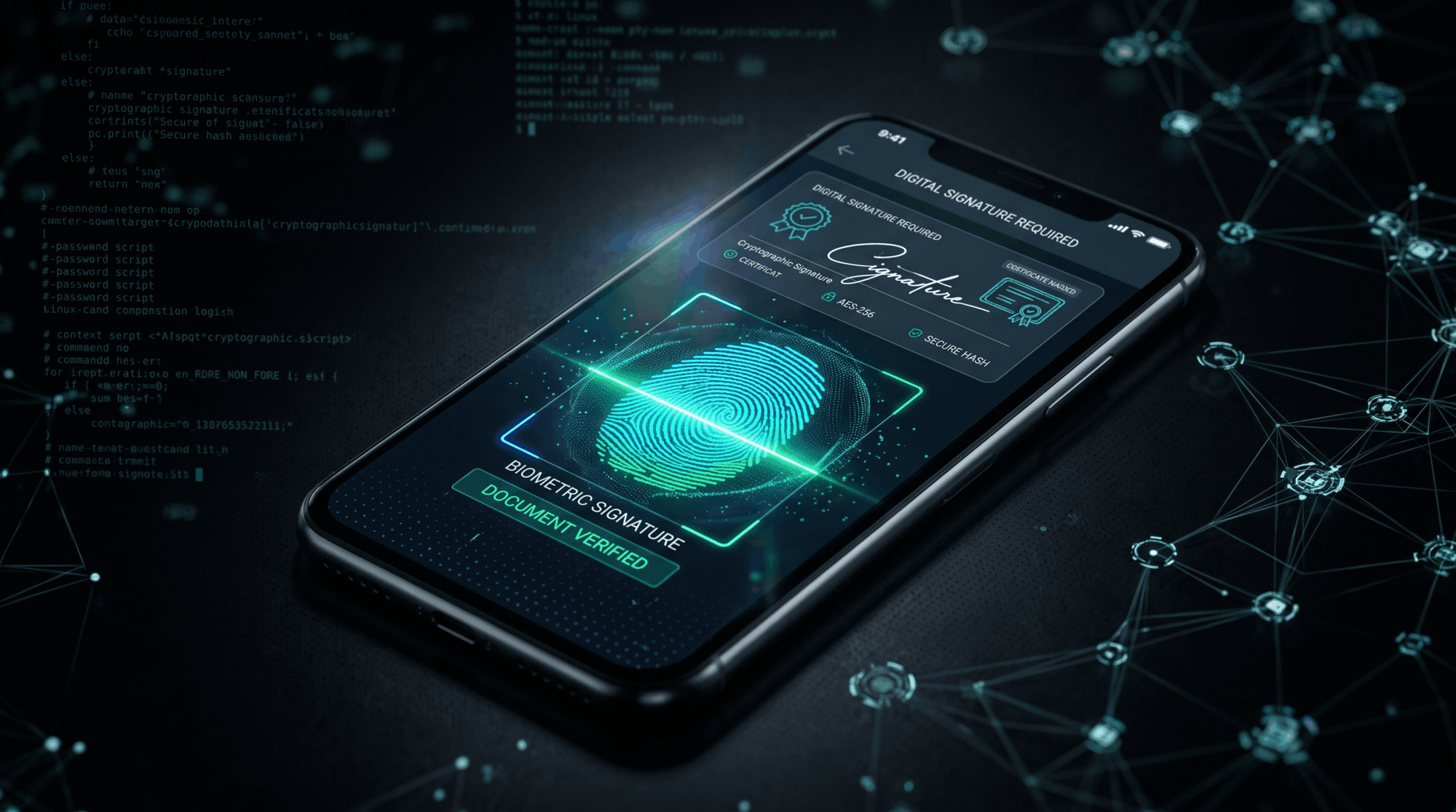 Smartphone nero con interfaccia scura che mostra una scansione biometrica di un'impronta digitale luminosa verde e un modulo per la firma digitale, su sfondo nero con codice terminale.