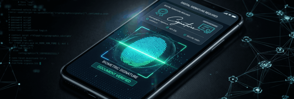Smartphone nero con interfaccia scura che mostra una scansione biometrica di un'impronta digitale luminosa verde e un modulo per la firma digitale, su sfondo nero con codice terminale.